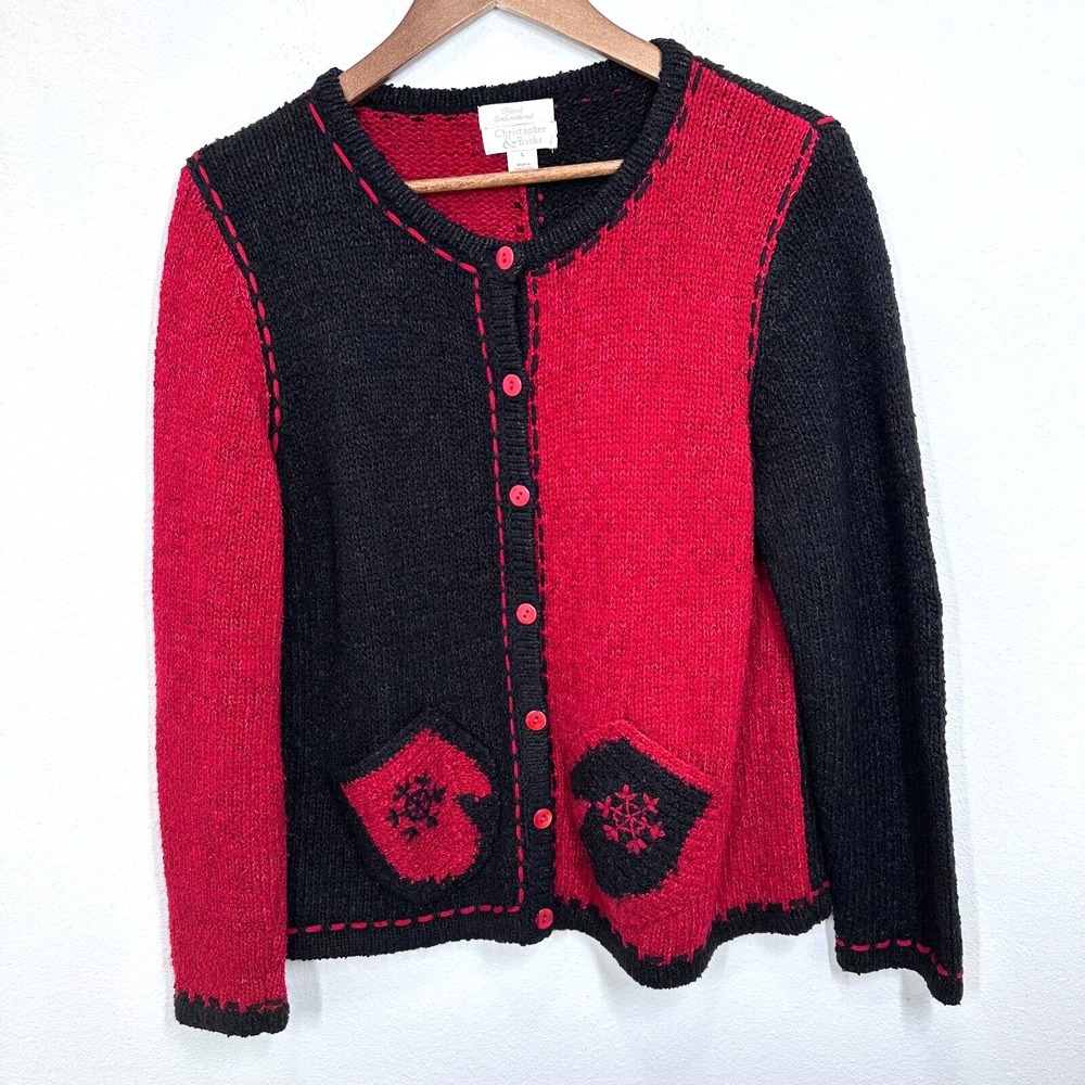 Vintage Hand Embroidered Red Black Colorblock Adorable Cardigan Mitten Pockets L